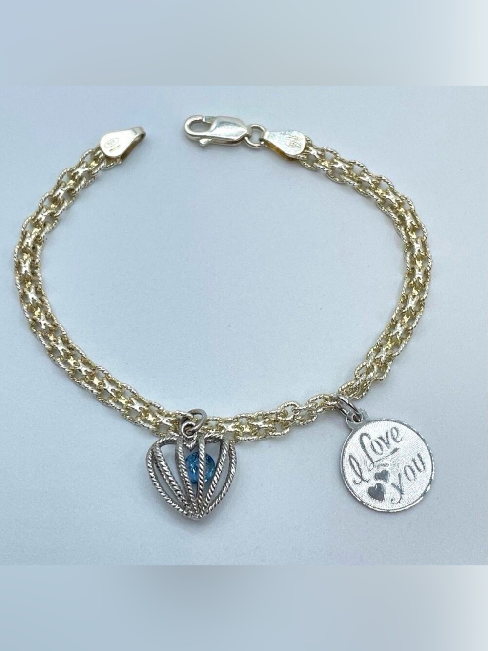 Vintage Italy 925 Sterling Silver Chain Charm Bracelet I Love You Charm Elegant
